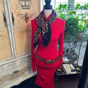 Sanctuary ruched red ribbed knit midi dress size medium.